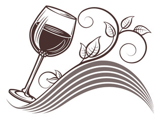 Elegant Black and White Wine Glass with Grapes and Vines , A stylized, black and white graphic of a wine glass surrounded by grape vines and swirls. 