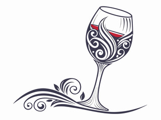 Elegant Black and White Wine Glass with Grapes and Vines , A stylized, black and white graphic of a wine glass surrounded by grape vines and swirls. 