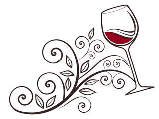 Elegant Black and White Wine Glass with Grapes and Vines , A stylized, black and white graphic of a wine glass surrounded by grape vines and swirls. 