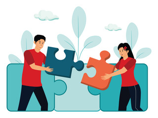 Teamwork puzzles in hands of business team. Two People Connecting Puzzle Pieces.