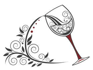 Elegant Black and White Wine Glass with Grapes and Vines , A stylized, black and white graphic of a wine glass surrounded by grape vines and swirls. 