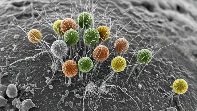 Germination of mold spores with intricate hyphae on decaying fruit captured in stunning detail.