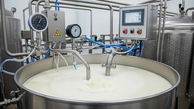 Kymyz fermentation process in stainless steel tank with bubbling action and monitoring equipment.