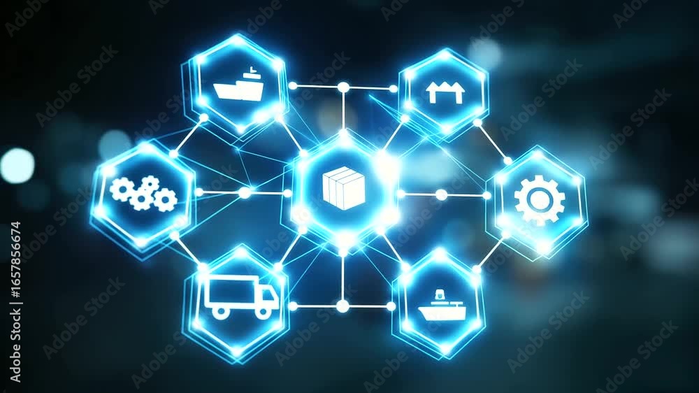 Poster a dynamic holographic flowchart illustrating advanced logistics and supply chain management.