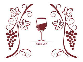Elegant Black and White Wine Glass with Grapes and Vines , A stylized, black and white graphic of a wine glass surrounded by grape vines and swirls. 