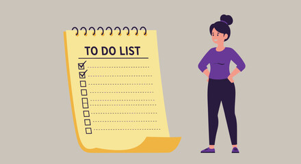A woman standing next to a large todo list with several tasks already checked off, indicating progress and accomplishment in managing her schedule