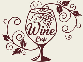 Elegant Black and White Wine Glass with Grapes and Vines , A stylized, black and white graphic of a wine glass surrounded by grape vines and swirls. 
