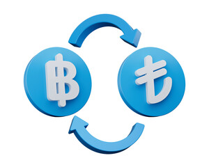 3D render of Thai Baht and Turkish Lira currency exchange with arrows., 3d illustration