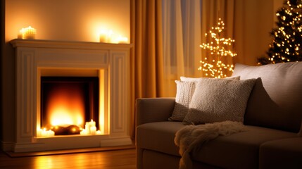 Cozy living room with a glowing fireplace, decorated for the holidays, featuring a Christmas tree and candles