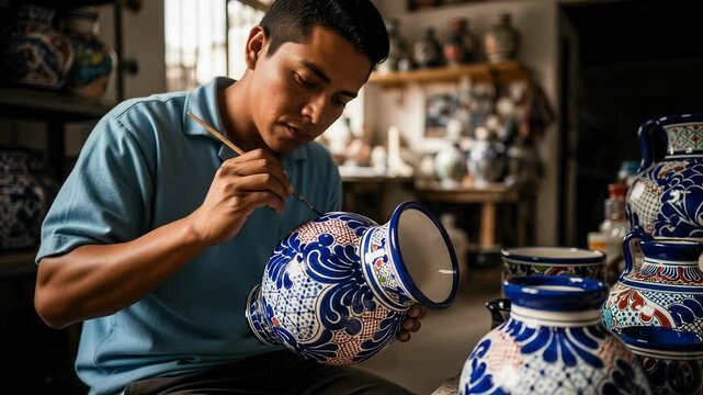 Mexican artisan creates beautiful designs on traditional Talavera pottery in sunlit workshop.