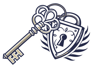 Vintage Key and Padlock, a symbol of security and secrets. A stylized, graphic illustration of an antique key and padlock, evoking a sense of security, secrecy, and history.