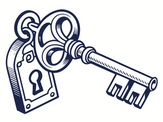 Vintage Key and Padlock, a symbol of security and secrets. A stylized, graphic illustration of an antique key and padlock, evoking a sense of security, secrecy, and history.