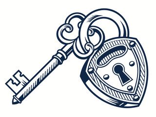 Vintage Key and Padlock, a symbol of security and secrets. A stylized, graphic illustration of an antique key and padlock, evoking a sense of security, secrecy, and history.