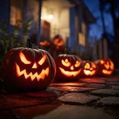 Fototapeta premium Halloween Pumpkin Lanterns at Night - AI generated