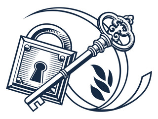 Vintage Key and Padlock, a symbol of security and secrets. A stylized, graphic illustration of an antique key and padlock, evoking a sense of security, secrecy, and history.