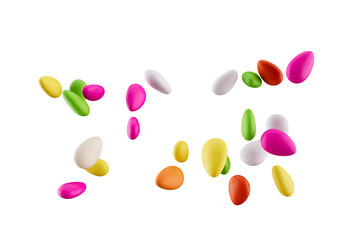Vibrant sugared almond candies falling, isolated on black for festive designs., 3d illustration