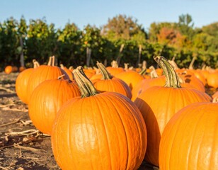 Bright orange pumpkins in a sunny field.