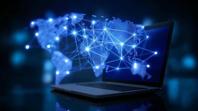 Laptop controlling a worldwide network of connected servers, representing cloud technology, data centers, secure hosting, IT infrastructure and advanced digital communication.