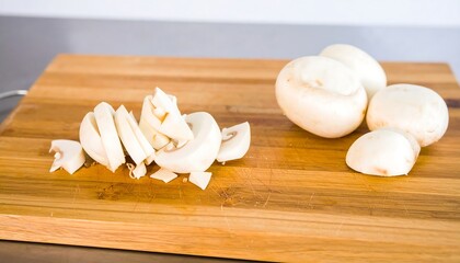 Sliced mushrooms arranged on a light-colored wooden cutting board.