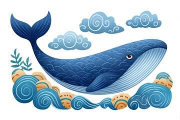 Obraz premium Blue whale swimming in the ocean with clouds and seashells, a children's illustration