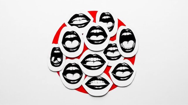 Artistic arrangement of mouth illustrations on a vibrant red circle, creating a bold visual impact