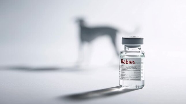 Minimalist Rabies Vaccine Bottle with Dog Shadow Symbolizing Pet Health and Prevention Awareness