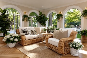 Stylish rattan furniture in sunny interior high resolution picture