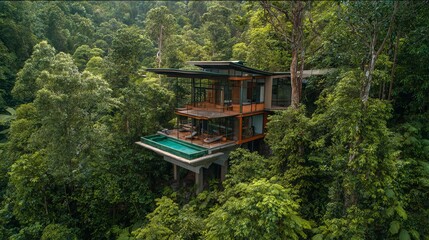 Stunning modern home with pool nestled in lush green jungle canopy, perfect for luxury travel ads