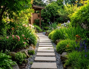 Lush Green Garden Pathway with Stepping Stones and Blooming Flowers.