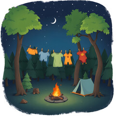 Cartoon style illustration of a man hanging on a rope in a forest at night, next to a campfire and a tent