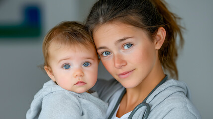 Close-up of baby boy receiving pediatric medical check-up by doctor in clinic, healthcare and child wellness examination