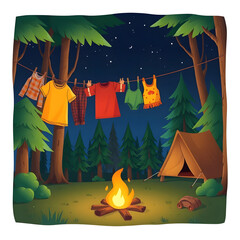 Cartoon style illustration of a man hanging on a rope in a forest at night, next to a campfire and a tent
