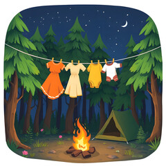 Cartoon style illustration of a man hanging on a rope in a forest at night, next to a campfire and a tent