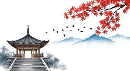 Serene Japanese Landscape with Pagoda and Autumn Maple Leaves