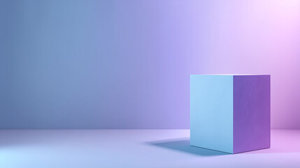 modern minimalist composition featuring cube in softly lit room with gradient purple tones. peaceful and atmospheric vibe, for contemporary design, product display