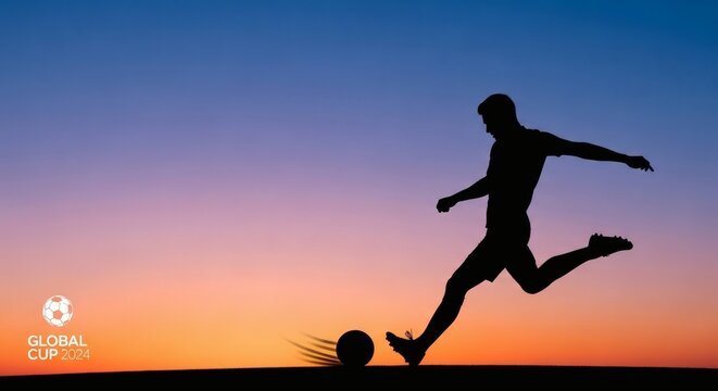 Silhouette of Soccer Player Kicking Ball at Sunset Global Cup