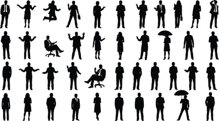 Silhouette, business, people, standing, sitting, briefcase, umbrella, phone, conversation, meeting, office, posture, gesture, lifestyle, activity, vector, illustration, professional, teamwork,