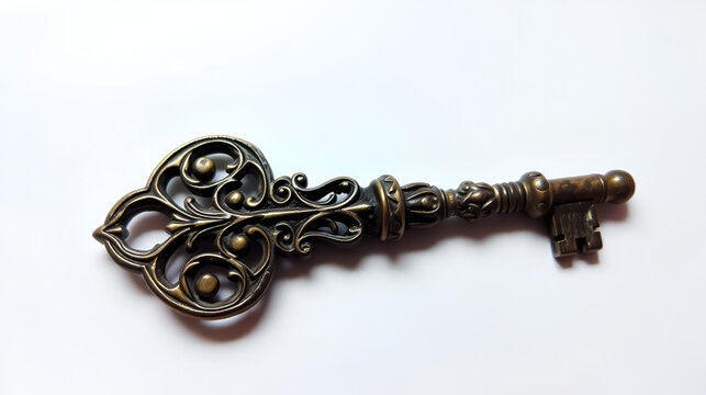 An intricately designed ornate vintage key with a slightly tarnished metallic surface, lying on a white background.