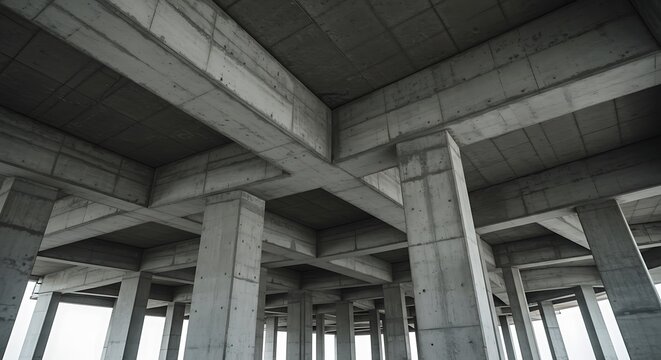 Geometric concrete ceiling with grid pattern and strong support columns, modern brutalist architecture detail in black and white minimal style.