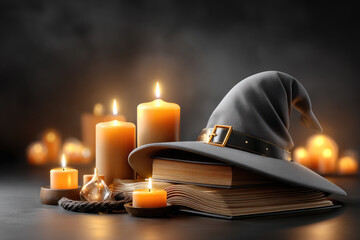 Gray witch hat resting atop aged spell books, illuminated by candlelight, creating mystical Halloween ambiance with shadowy magical undertones