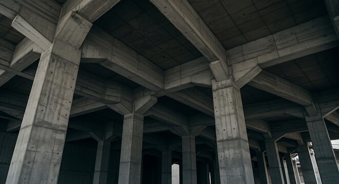 Geometric concrete ceiling with grid pattern and strong support columns, modern brutalist architecture detail in black and white minimal style.