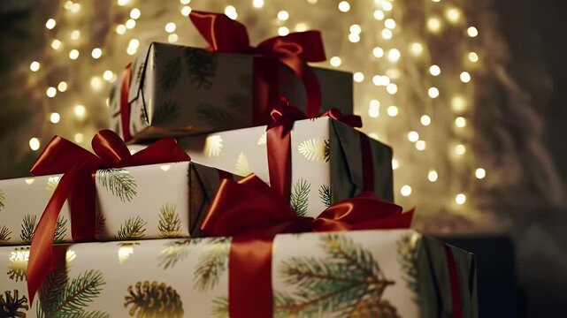 Pile of Christmas Gifts Wrapped in White and Gold Paper with Red Ribbons Illuminated by Warm Festive Fairy Lights