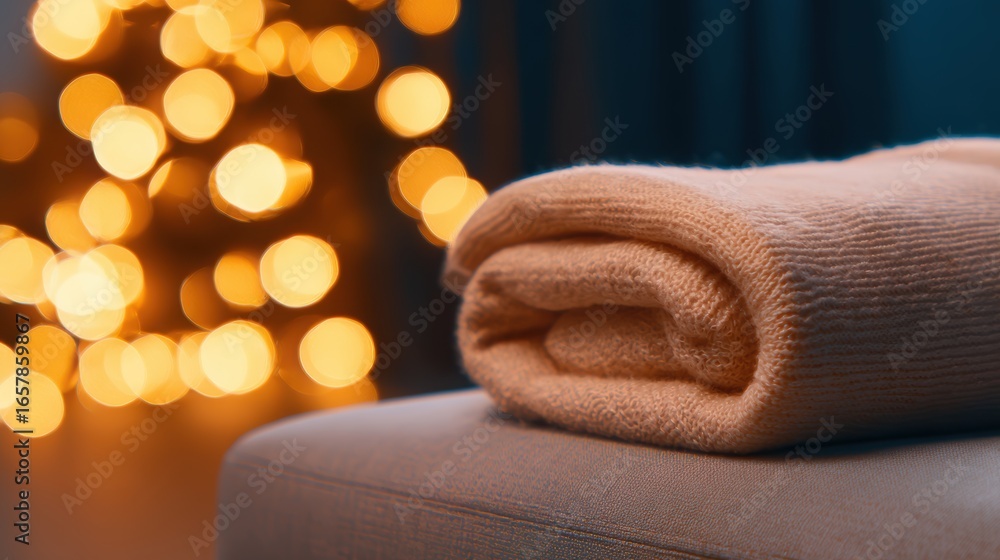 Poster cozy rolled towel resting on a soft surface with warm bokeh lights creating a serene background ambi