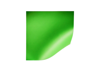 Green sticky note with a folded corner, showcasing a smooth texture and vibrant color, isolated on transparent or white background