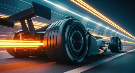 Futuristic formula one race car blurs through a neon lit tunnel at extreme speed