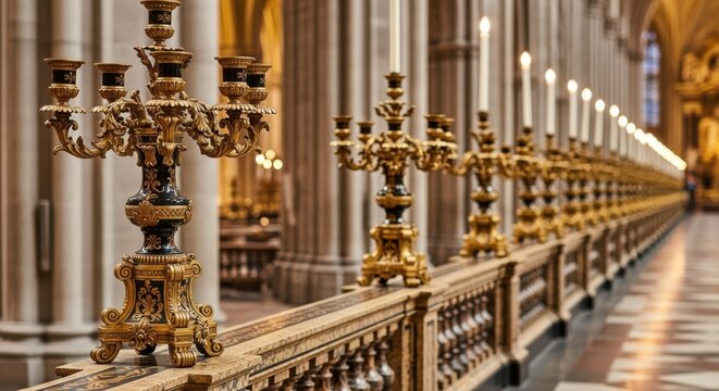 Grand Candelabra Lining a Hallway of Gothic Architecture - Powered by Adobe