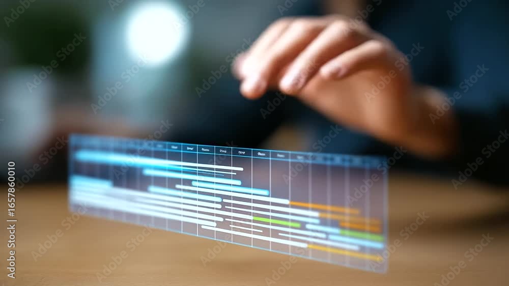 Poster dynamic holographic gantt chart enhancing project management efficiency.