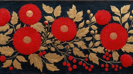 Ornate floral border with red flowers and gold leaves on a dark background