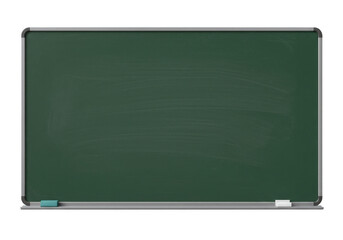 Obraz premium Dark green chalkboard with eraser, school isolated on transparent background