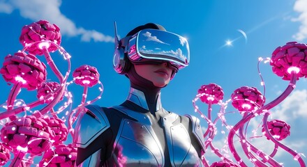A person wearing a VR headset is immersed in a surreal, futuristic landscape with glowing pink flora.